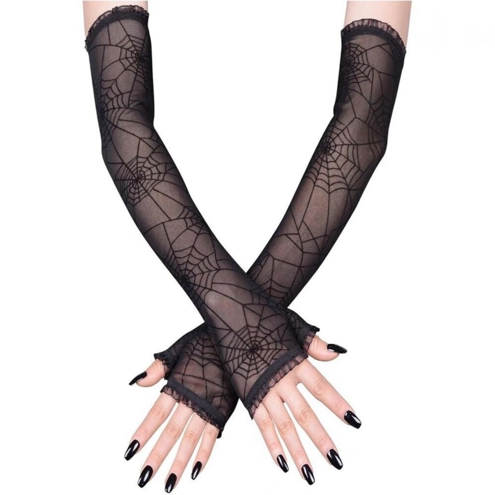 NWOT GOTHIC ACCESSORY FLOCKED SPIDER WEB PRINT SHEER BLACK FINGERLESS GLOVES